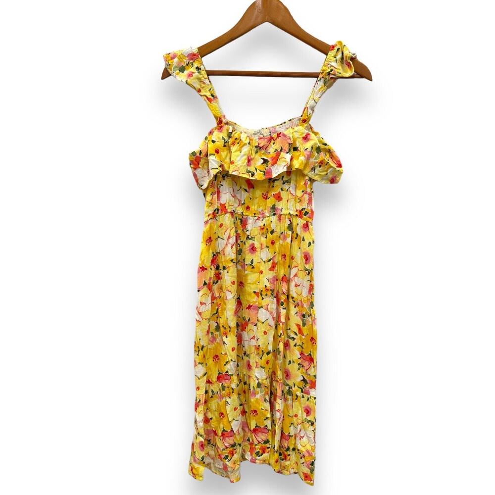 LC Lauren Conrad Ruffle Midi Linen Blend Floral Dress Womens M Yellow Sundress - Picture 4 of 7